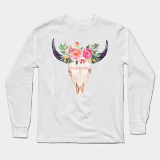 Watercolor bull skull flowers Long Sleeve T-Shirt